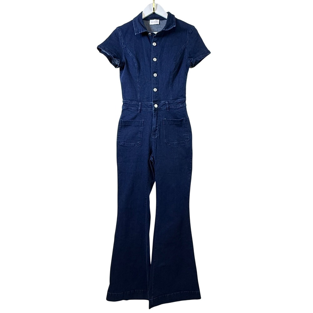 WISTERIA LANE Dark Wash Flare Leg Button Front‎ Denim Jumpsuit Small
